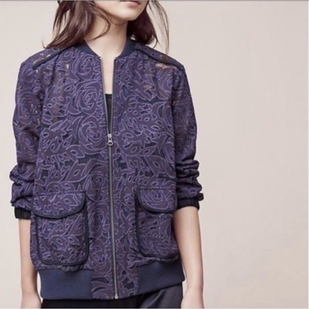 Anthropologie Elevenses Miranda Lace Bomber Jacket Navy Blue Size Medium
